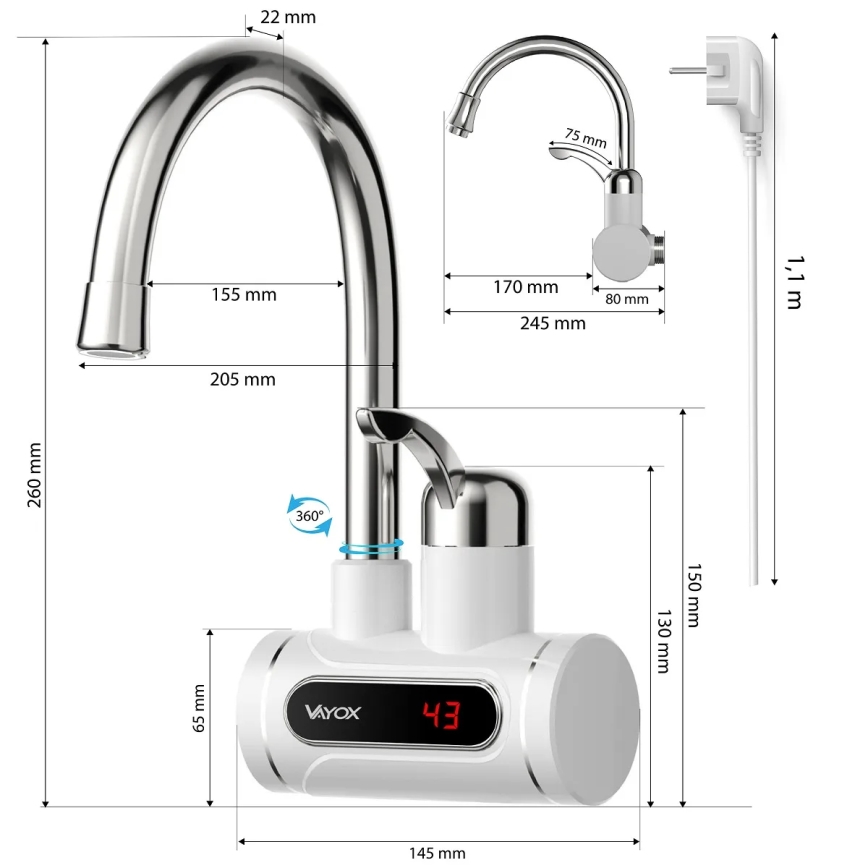 Durchlauferhitzer mit LED-Anzeige 3000W/230V IPX4 weiß