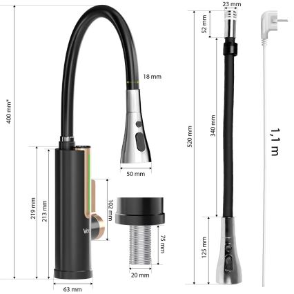 Durchlauferhitzer mit LED-Display, 3000 W / 230 V, Schutzart IPX4, Schwarz