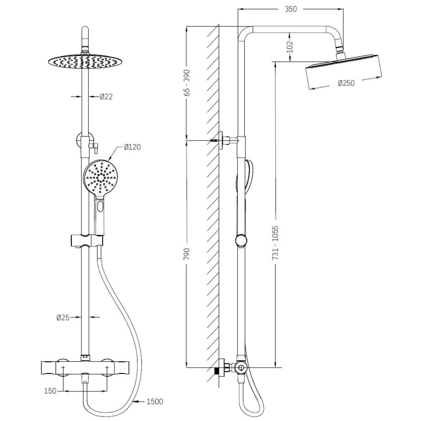 Duschset mit Thermostatarmatur DRAGOR, gebürstetes Messing