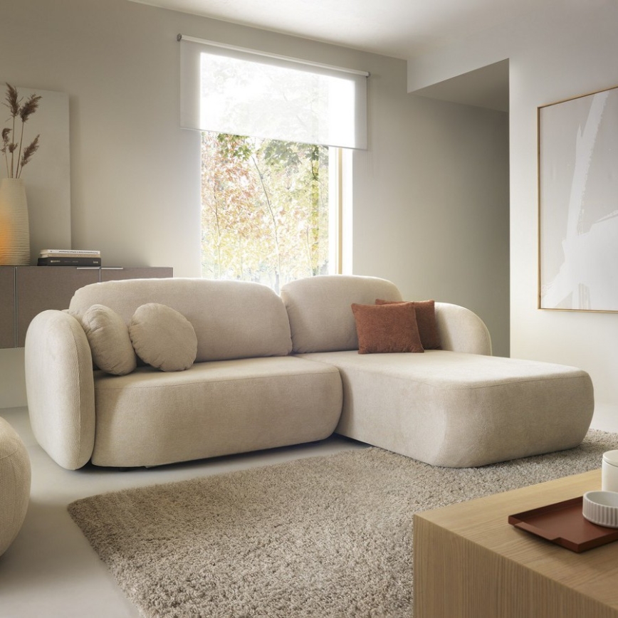 Eck-Schlafgarnitur OLBIA in L-Form, mit Bettfunktion und praktischem Stauraum, rechts, beige