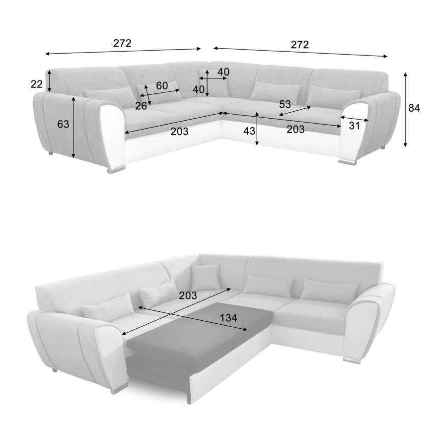 Ecksofa VISEU in L‑Form mit Schlaffunktion und Stauraum, links, grau/weiß