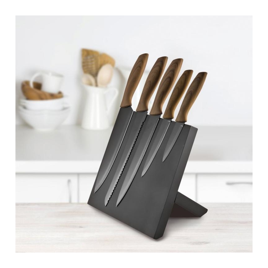 Edelstahl-Messerset 5-teilig mit Magnetständer Holz/schwarz