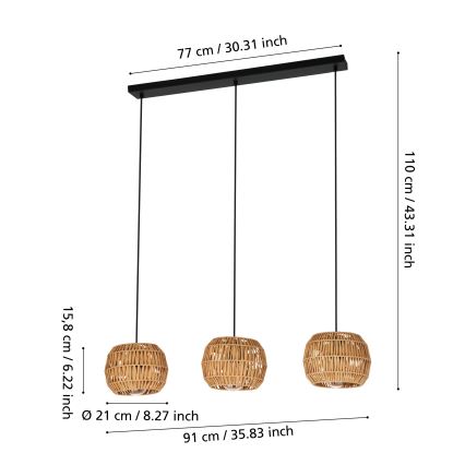 Eglo - Pendelleuchte an Kabel 3xE27/40W/230V braun