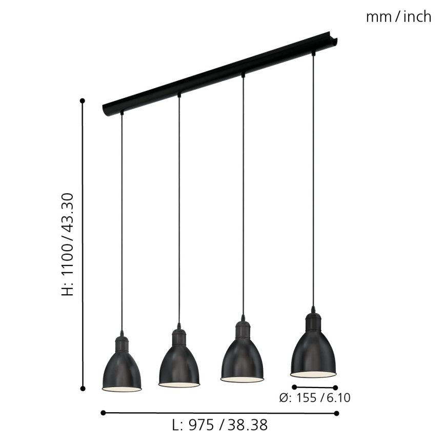 Eglo 55244 - Hängeleuchte an Kabel PRIDDY 4xE27/60W/230V schwarz