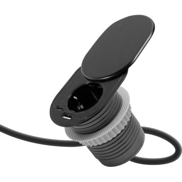 Einbausteckdose mit Schiebedeckel, 1-fach Steckdose + USB-C + USB-A, schwarz