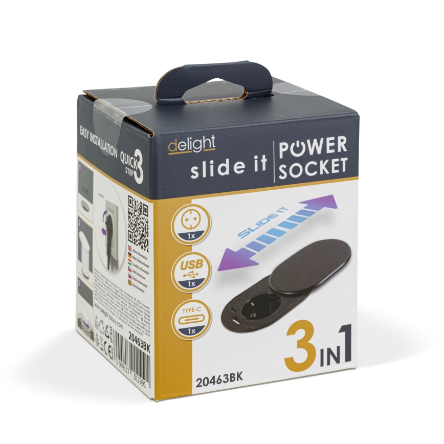 Einbausteckdose mit Schiebedeckel, 1-fach Steckdose + USB-C + USB-A, schwarz