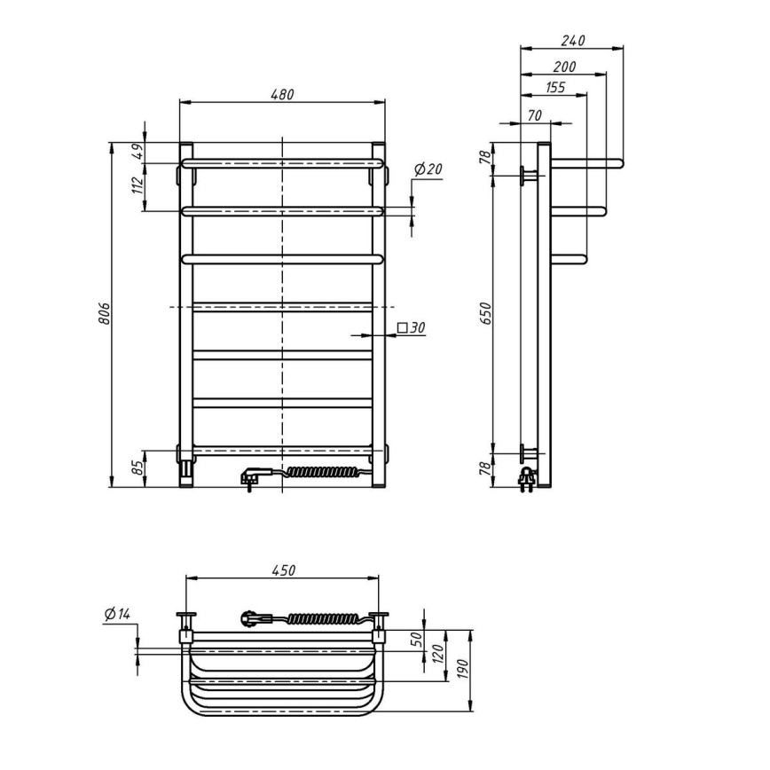 FORTIS Elektrischer Badheizkörper mit Thermostat, 350 W/230 V, 80,6 cm, IP44, Weiß, rechts