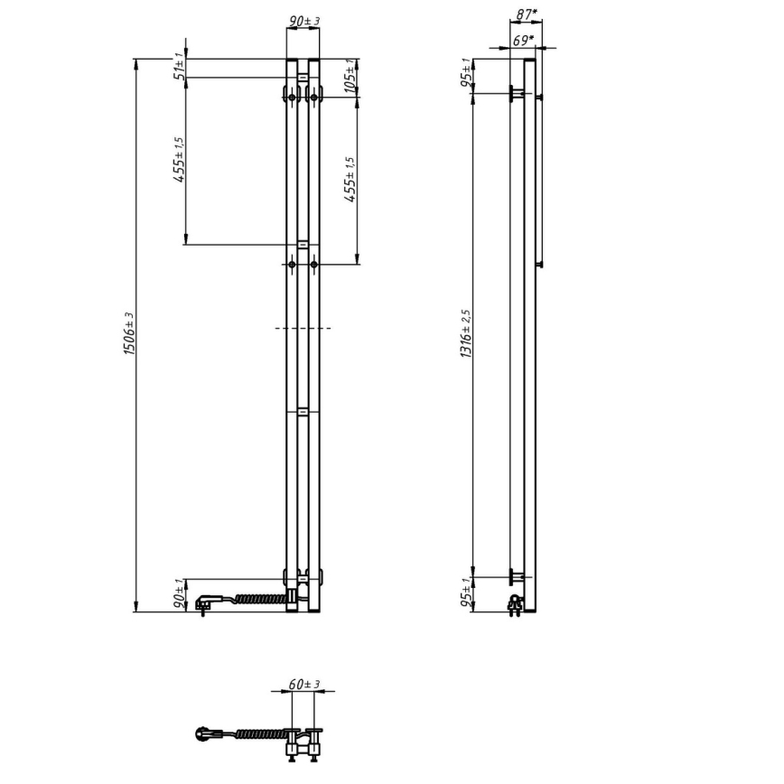 Elektrischer Handtuchheizkörper mit Thermostat SILOUETTE 106 W 150 x 9 cm, schwarz, rechts