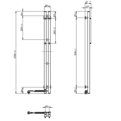 Elektrischer Handtuchheizkörper mit Thermostat SILOUETTE 70W 120x9 cm weiß, rechtsseitig