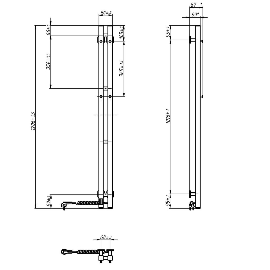 Elektrischer Handtuchheizkörper mit Thermostat SILOUETTE 70W 120x9 cm weiß, rechtsseitig