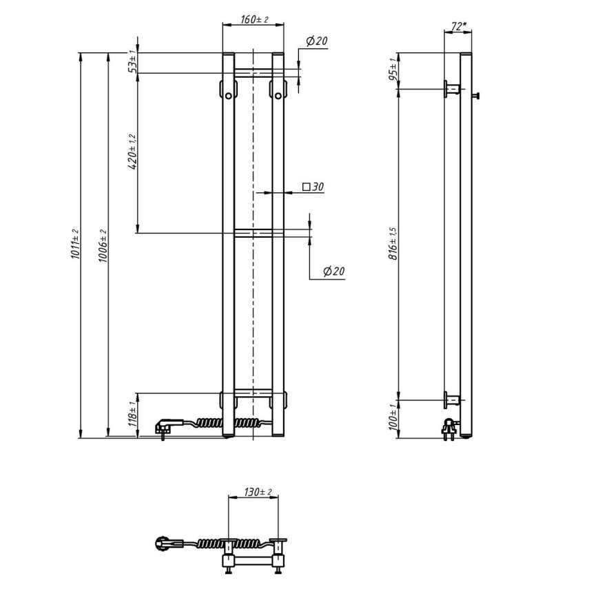 Elektrischer Handtuchheizkörper SILOUETTE 187 W/230 V, 101,1 cm, IP44, weiß, rechtsseitig, eckig