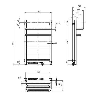 Elektrischer Handtuchwärmer mit Thermostat FORTIS 155W 80x48 cm weiß links