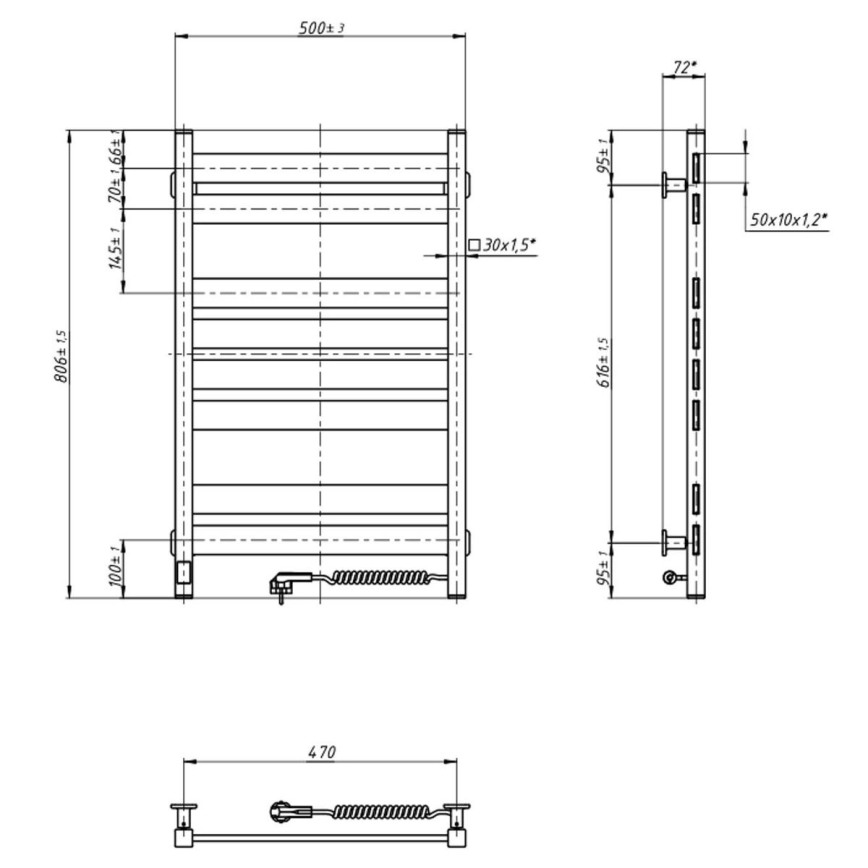 Elektrischer Handtuchwärmer mit Thermostat LARGO 168W 80x50 cm  schwarz rechts
