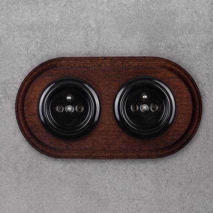 Elhard - Doppelte keramische Retro-Steckdose für Hausinstallation mit Rahmen 230V schwarz/dunkles Holz