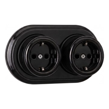 Elhard - Doppelte Keramik-Wandsteckdose im Retro-Look mit Rahmen, SCHUKO 230V, schwarz