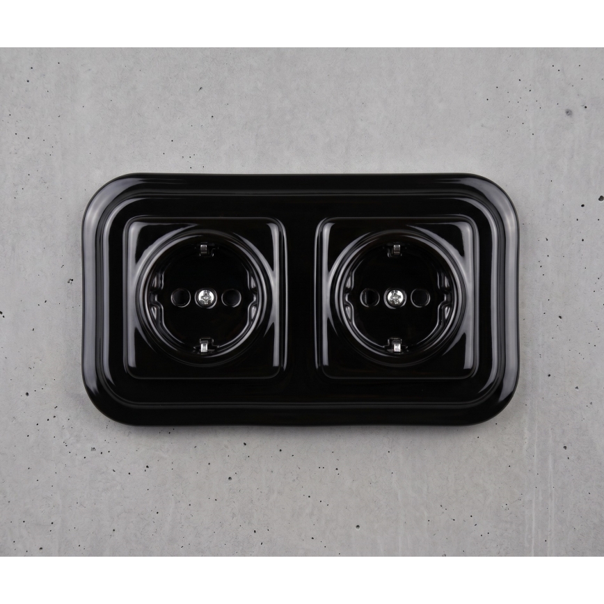 Elhard - Doppelte keramische Retro-Haushaltssteckdose mit Rahmen, SCHUKO 230V, schwarz