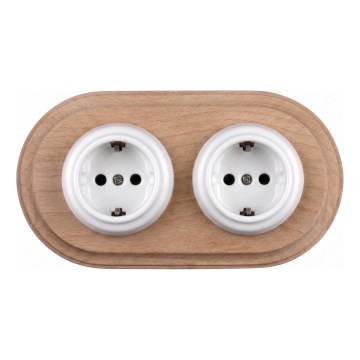 Elhard - Doppelte keramische Retro-Steckdose mit Rahmen SCHUKO 230V weiß/helles Holz