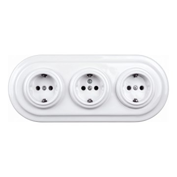 Elhard - Dreifach-Keramik-Steckdose im Retro-Design für die Hausinstallation, mit Rahmen, SCHUKO, 230 V, weiß