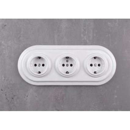 Elhard - Dreifach-Keramik-Steckdose im Retro-Design für die Hausinstallation, mit Rahmen, SCHUKO, 230 V, weiß