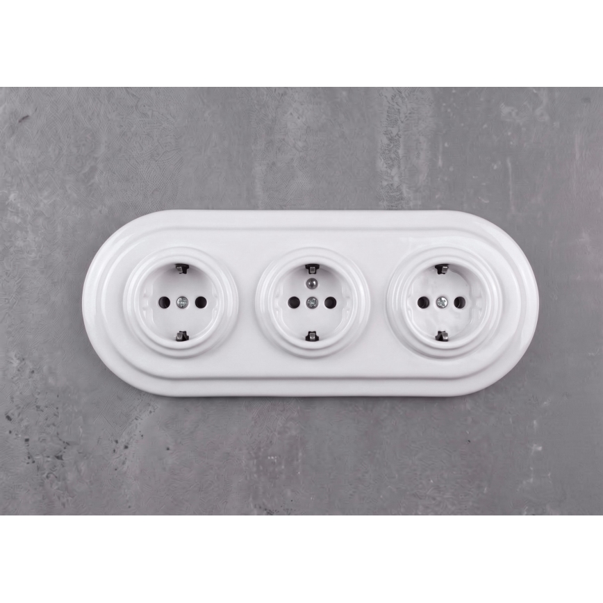 Elhard - Dreifach-Keramik-Steckdose im Retro-Design für die Hausinstallation, mit Rahmen, SCHUKO, 230 V, weiß