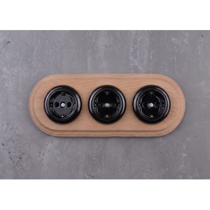 Elhard - Dreifache keramische Retro-Steckdose für den Hausgebrauch mit Rahmen SCHUKO 230V schwarz/helles Holz