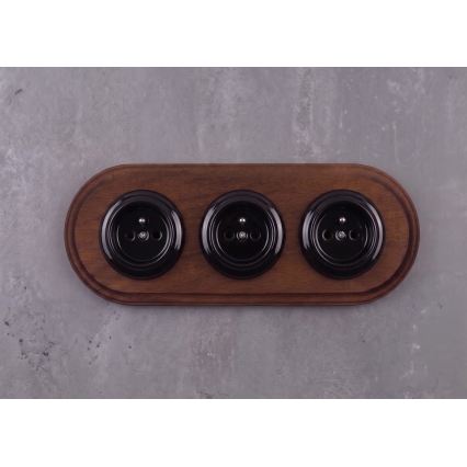 Elhard - Dreifach-Keramik-Steckdose im Retro-Stil mit Rahmen 230V schwarz/dunkles Holz