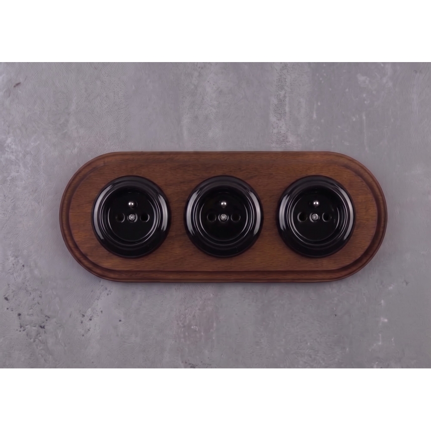 Elhard - Dreifach-Keramik-Steckdose im Retro-Stil mit Rahmen 230V schwarz/dunkles Holz
