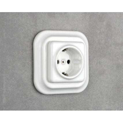 Elhard - Keramik-Retro-Schuko-Steckdose mit Rahmen, 230 V, weiß