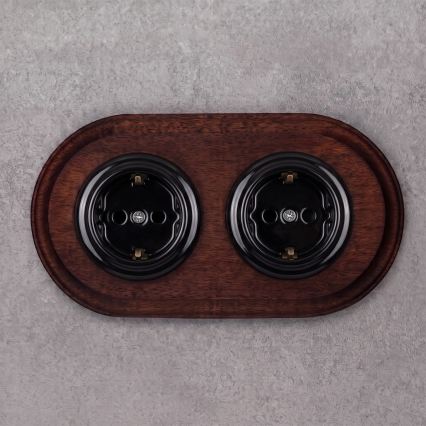 Elhard - Doppelte keramische Retro-Wandsteckdose mit Rahmen SCHUKO 230V schwarz/dunkles Holz