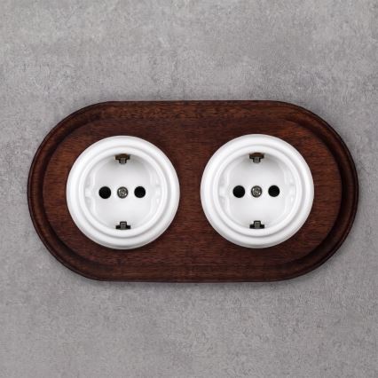 Elhard - Keramische Retro-Doppelsteckdose für den Wohnbereich mit Rahmen SCHUKO 230V weiß/dunkles Holz