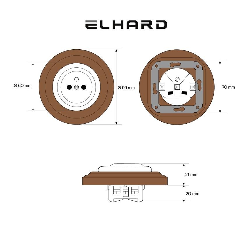 Elhard - Keramische Retro-Haushaltssteckdose mit Rahmen 230V weiß/dunkles Holz