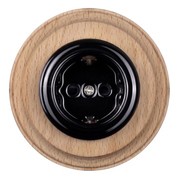 Elhard - Keramische Retro-Steckdose für den Wohnbereich mit Rahmen SCHUKO 230V schwarz/helles Holz