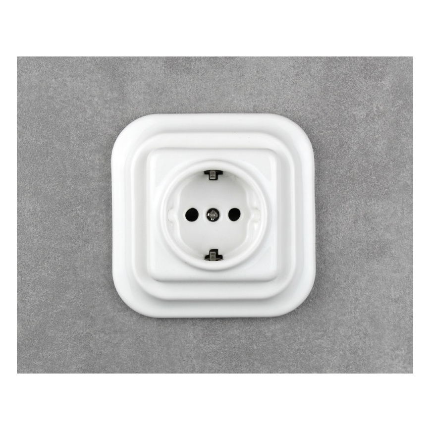Elhard - Keramische Retro-Steckdose für den Wohnbereich, rahmenlos, SCHUKO, 230 V, weiß
