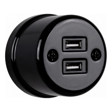 Elhard - Keramische Retro-Steckdose mit 2x USB-A, schwarz