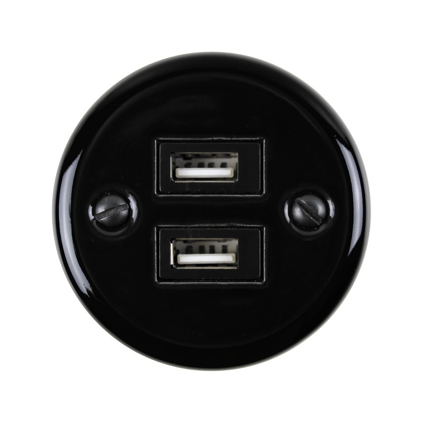 Elhard - Keramische Retro-Steckdose mit 2x USB-A, schwarz