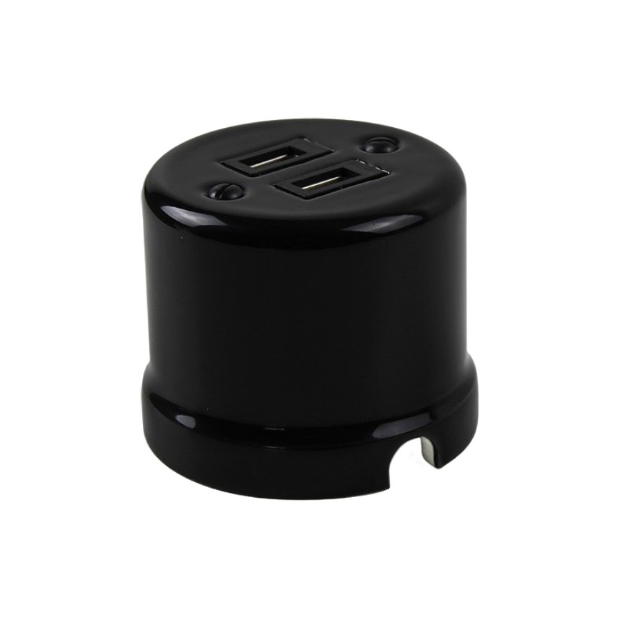 Elhard - Keramische Retro-Steckdose mit 2x USB-A, schwarz