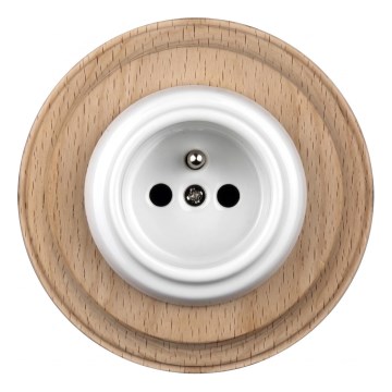 Elhard - Keramische Retro-Wandsteckdose mit Rahmen, 230 V, weiß/helles Holz
