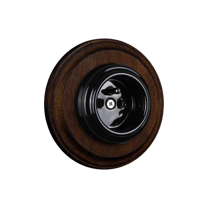 Elhard - Keramische Retro-Wandsteckdose mit Rahmen 230V schwarz/dunkles Holz