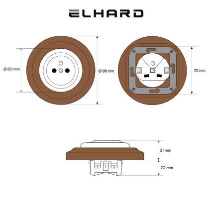 Elhard - Keramische Retro-Wandsteckdose mit Rahmen 230V schwarz/dunkles Holz