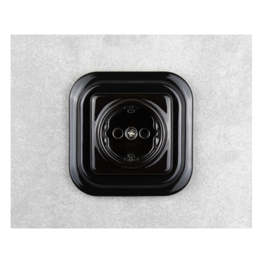Elhard - Keramische Retro-Wandsteckdose mit Rahmen, SCHUKO 230 V, schwarz