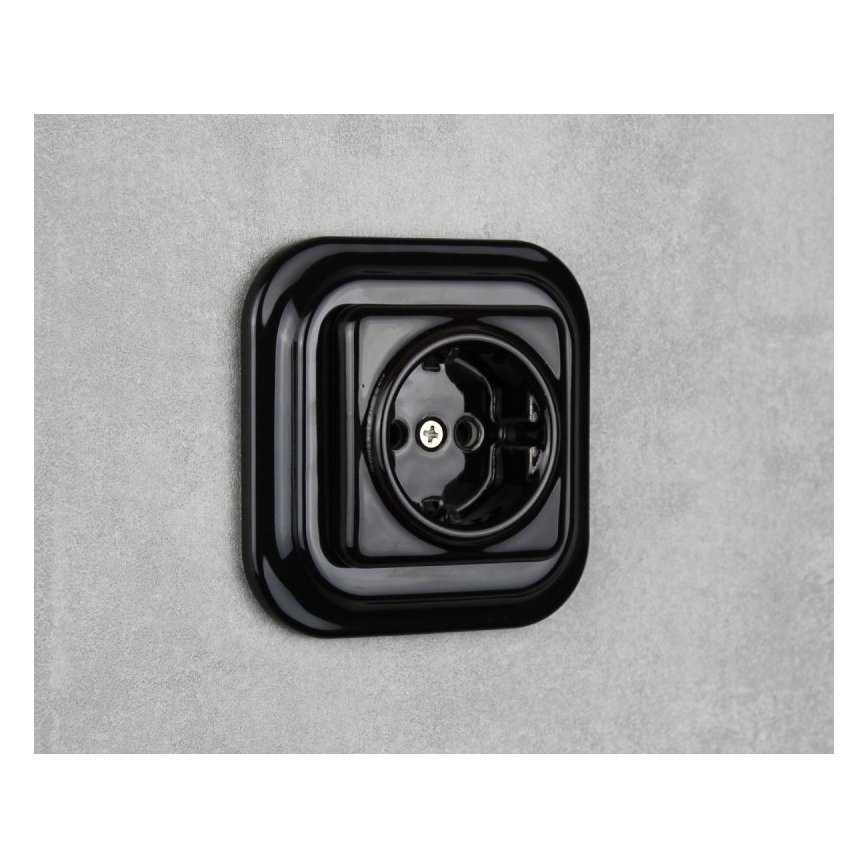 Elhard - Keramische Retro-Wandsteckdose mit Rahmen, SCHUKO 230 V, schwarz