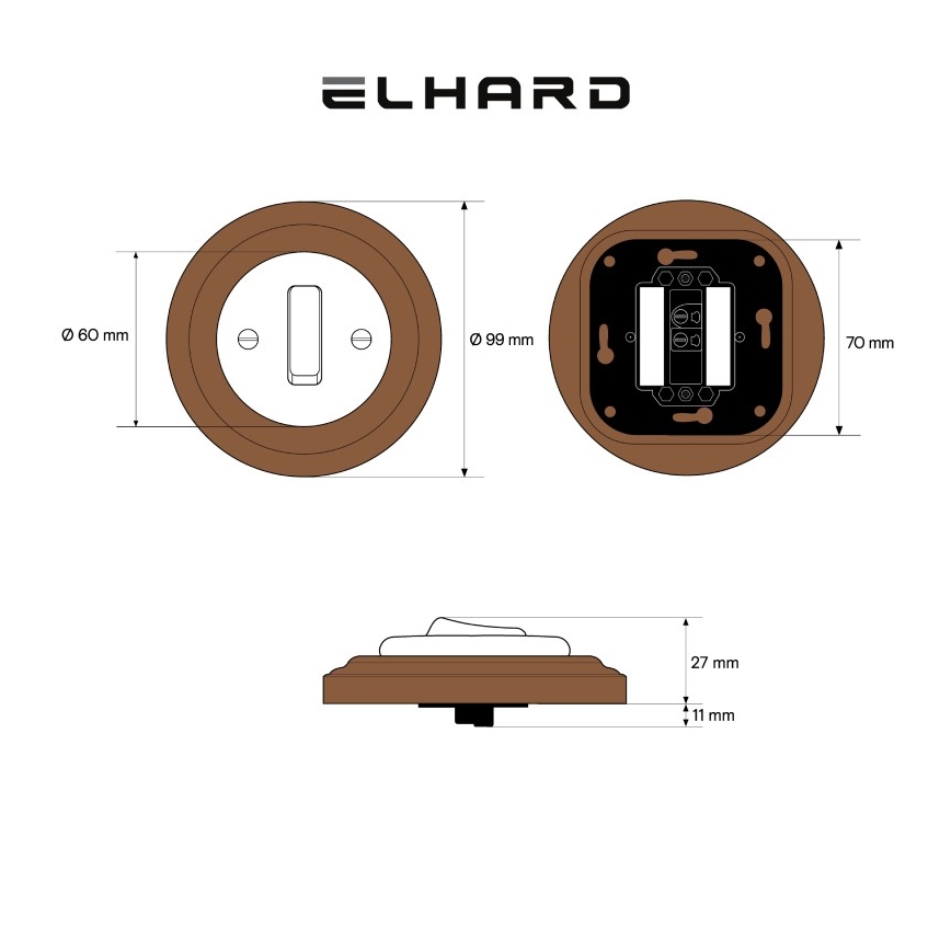Elhard - Keramischer Retro-Einfachschalter mit Rahmen č. 1 schwarz/dunkles Holz