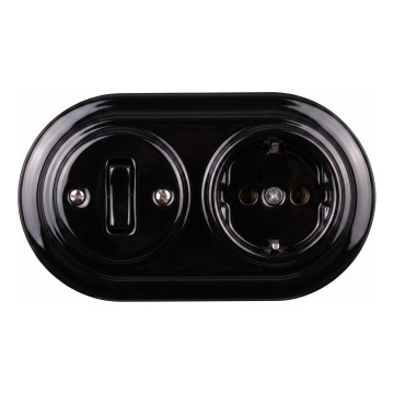 Elhard - Keramischer Retro-Schalter 1-fach und 230-V-Steckdose mit SCHUKO-Rahmen, schwarz