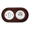Elhard - Keramischer Retro-Schalter č. 1 und 230V-Steckdose mit Rahmen weiß/dunkles Holz