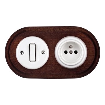 Elhard - Keramischer Retro-Schalter č. 1 und 230V-Steckdose mit Rahmen weiß/dunkles Holz
