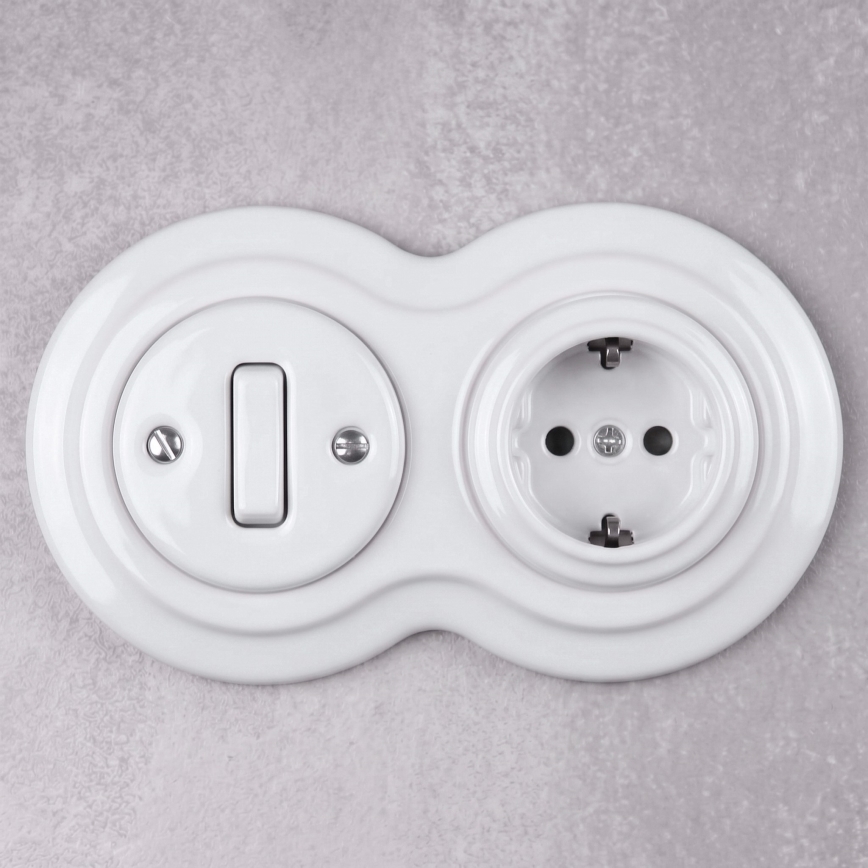 Elhard - Keramischer Retro-Schalter č. 1 und 230V-Steckdose mit SCHUKO-Rahmen, weiß