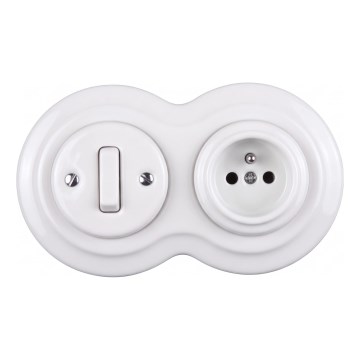 Elhard - Keramischer Retro-Schalter č. 1 und Steckdose 230V mit Rahmen, weiß