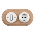 Elhard - Keramischer Retro-Schalter č. 1 und Steckdose 230V mit SCHUKO-Rahmen weiß/helles Holz