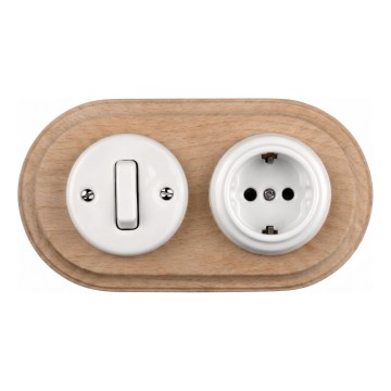 Elhard - Keramischer Retro-Schalter č. 1 und Steckdose 230V mit SCHUKO-Rahmen weiß/helles Holz