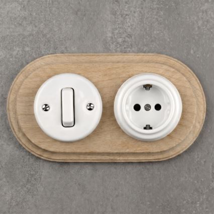 Elhard - Keramischer Retro-Schalter č. 1 und Steckdose 230V mit SCHUKO-Rahmen weiß/helles Holz
